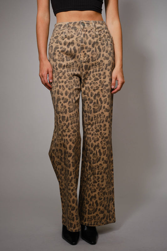91605P - Washed Leopard Print Stud Pants