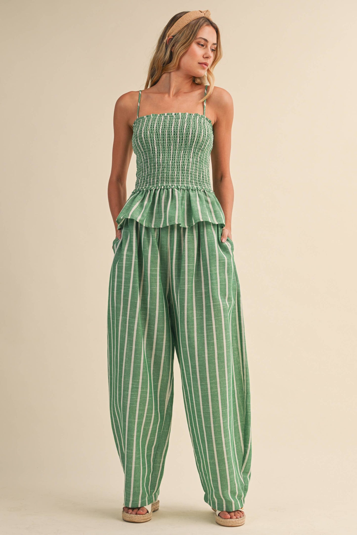 IST6606 STRIPED SMOCKED PEPLUM CAMI TOP AND BARREL PANTS SET