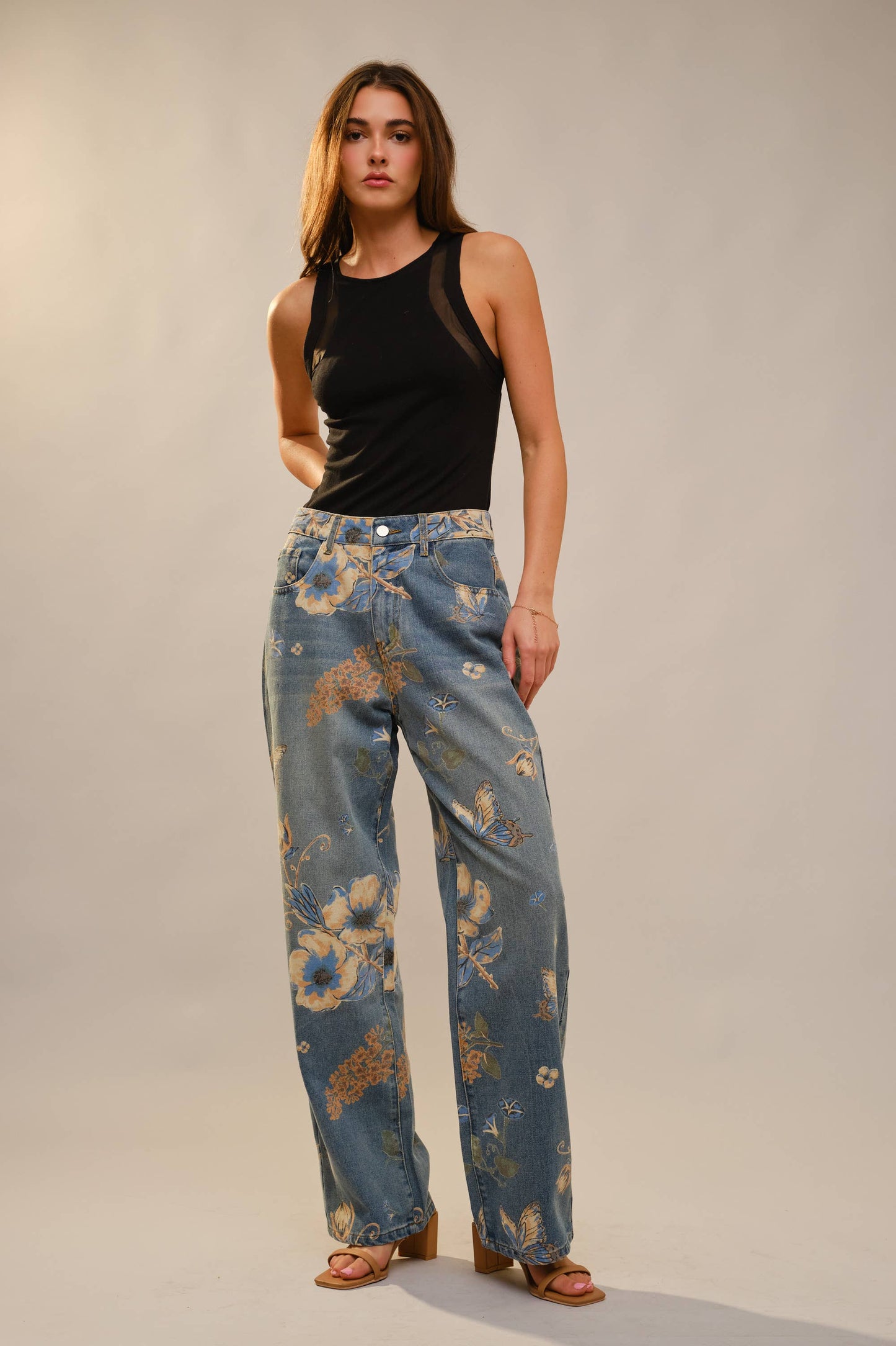 91690P Floral Print Wide Leg Jeans