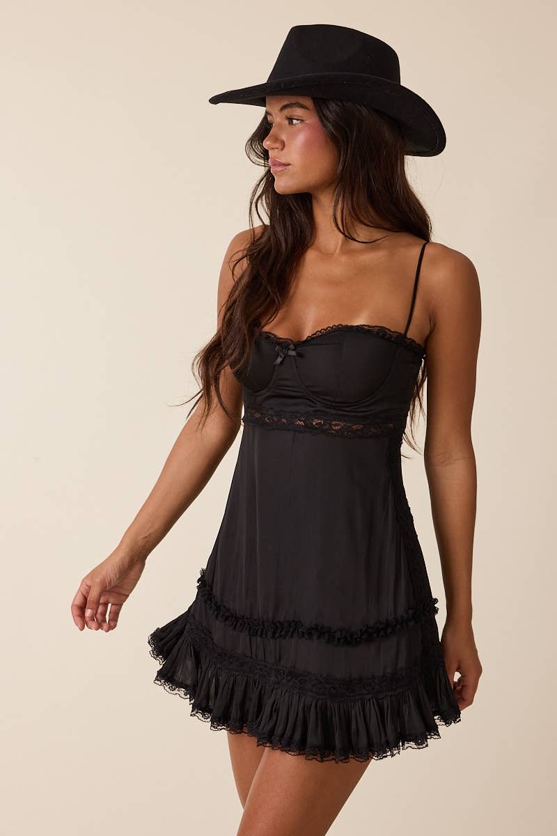 SOLID COLOR SWEETHEART LACE TRIM PREPPY MINI DRESS