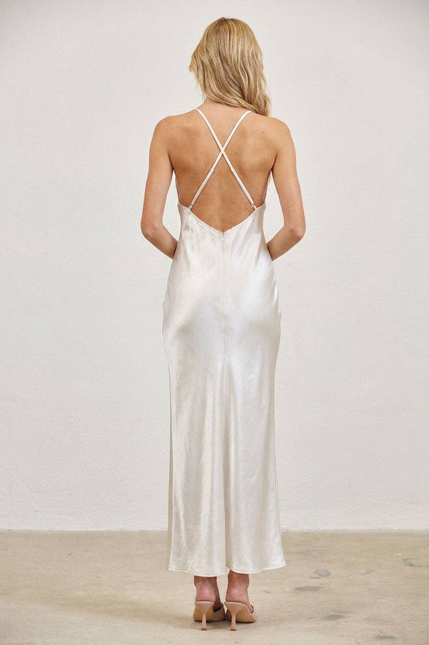 Lace Trim Satin Slip Maxi Dress
