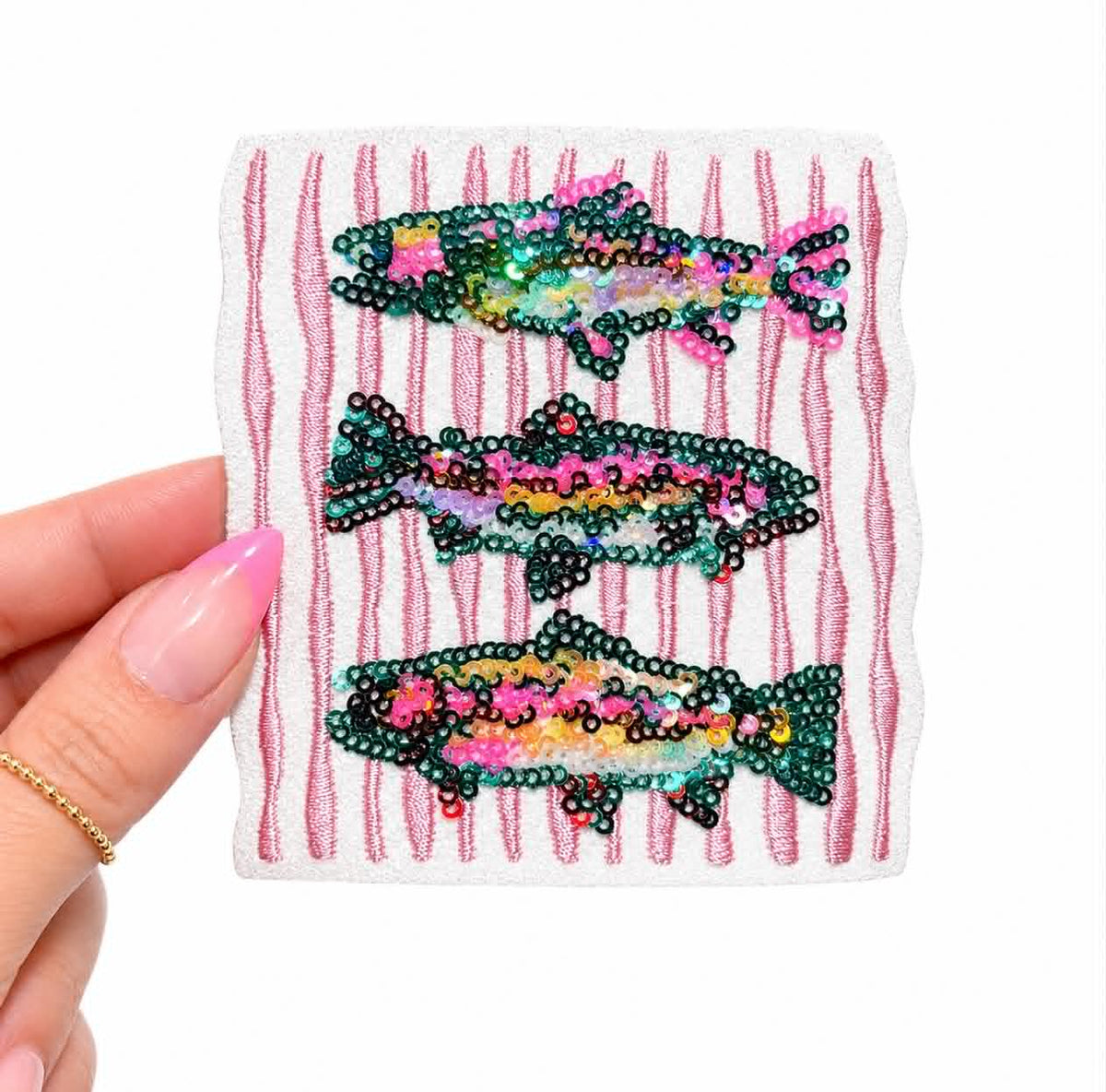 Rainbow Trout Fish Trio Summer Sequin Embroidery Patch-Small
