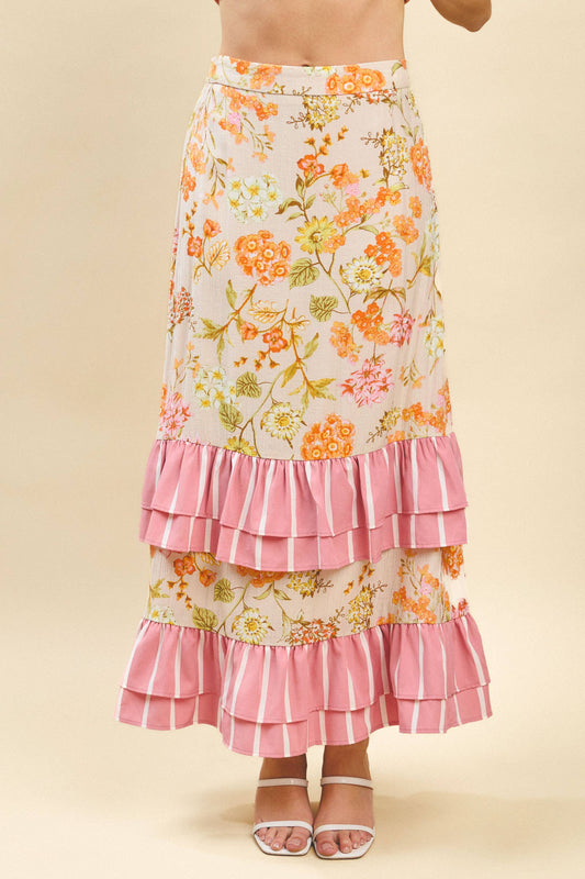 Floral Print Contrast Striped Ruffle Hem Skirt