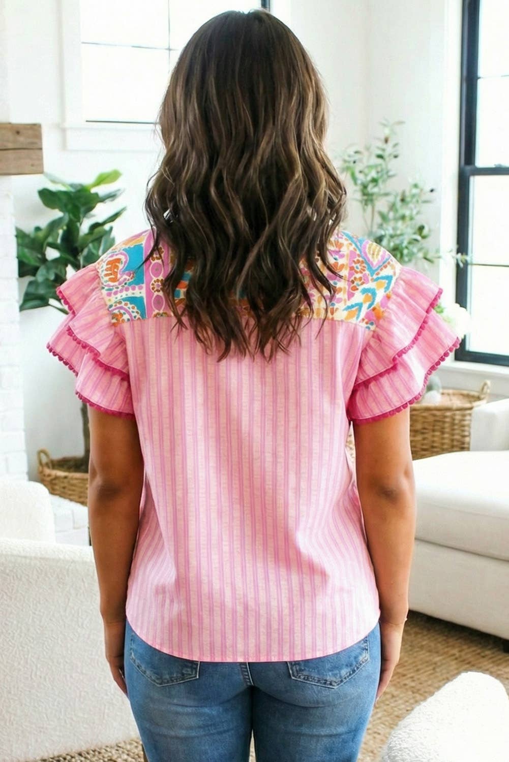 Boho Mixed Print Ruffled Short Sleeve Blouse S/S 26 | S-XL