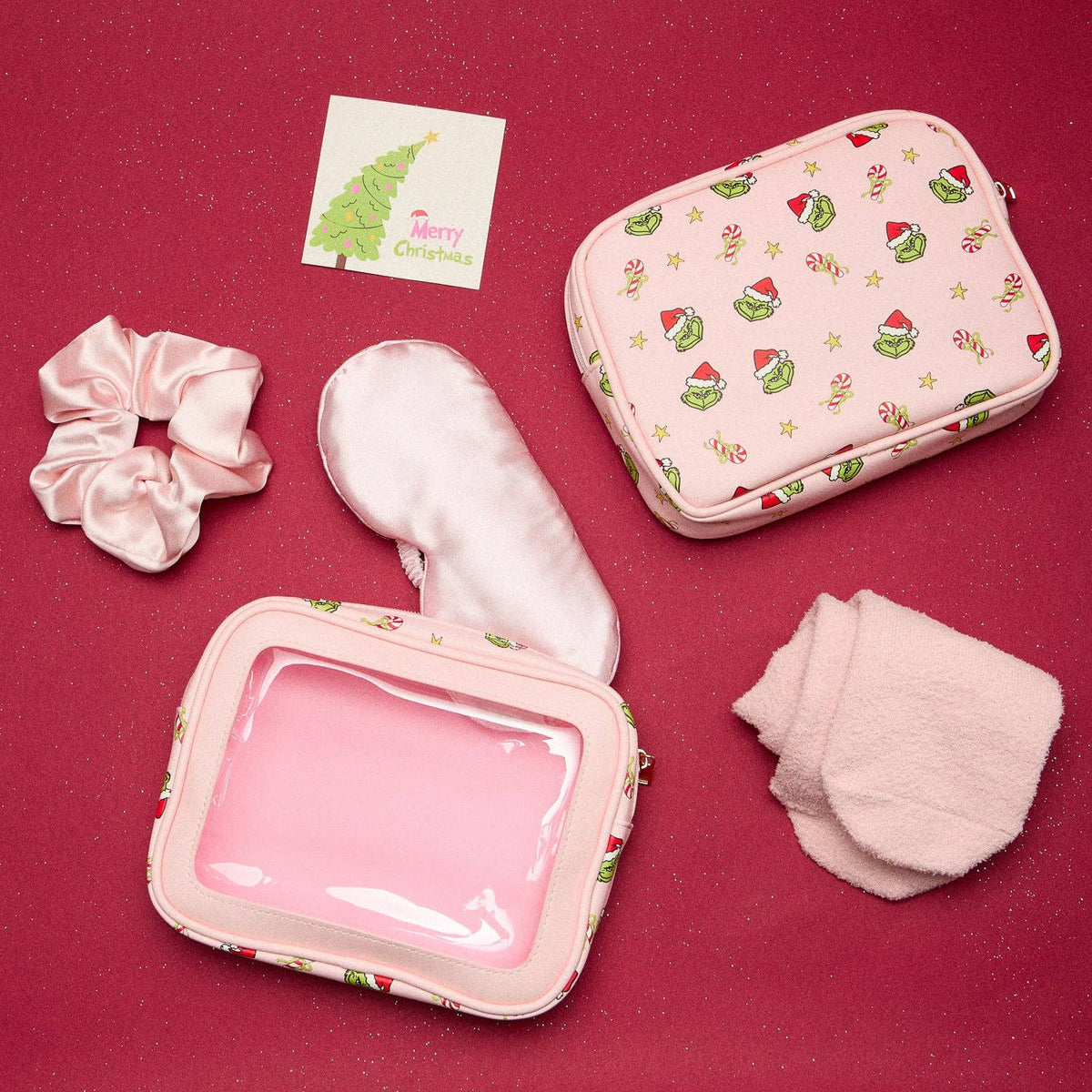 5-Piece Gift Set Cosmetic Pouch Bundle | Green Monster Pink Christmas