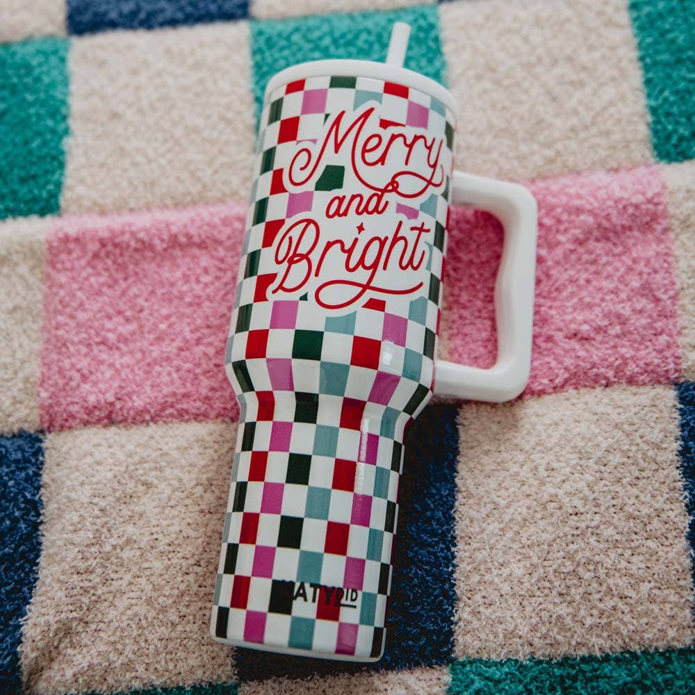 Merry & Bright Checkered Christmas Tumbler Cup w/ Handle