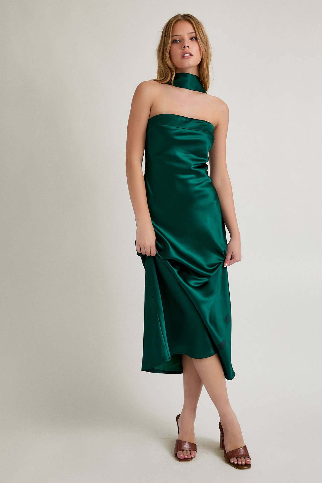 STRAPLESS SCARF DETAIL BIAS SATIN MIDI DRESS
