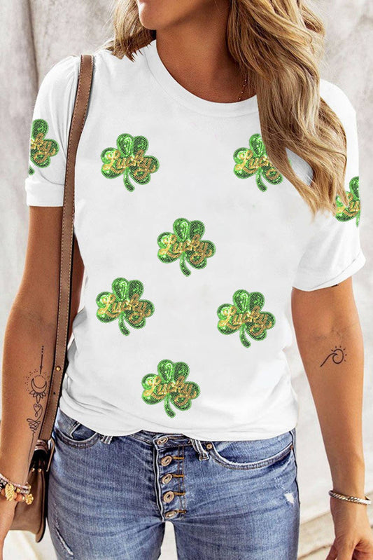 St. Patrick Sequin Clover Graphic Patched Tee | S-3XL