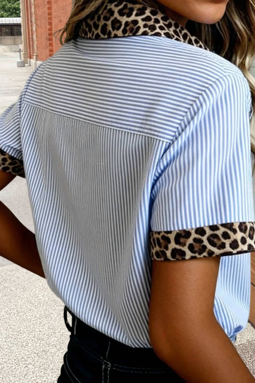 Stripe Leopard Contrast Trim Blouse