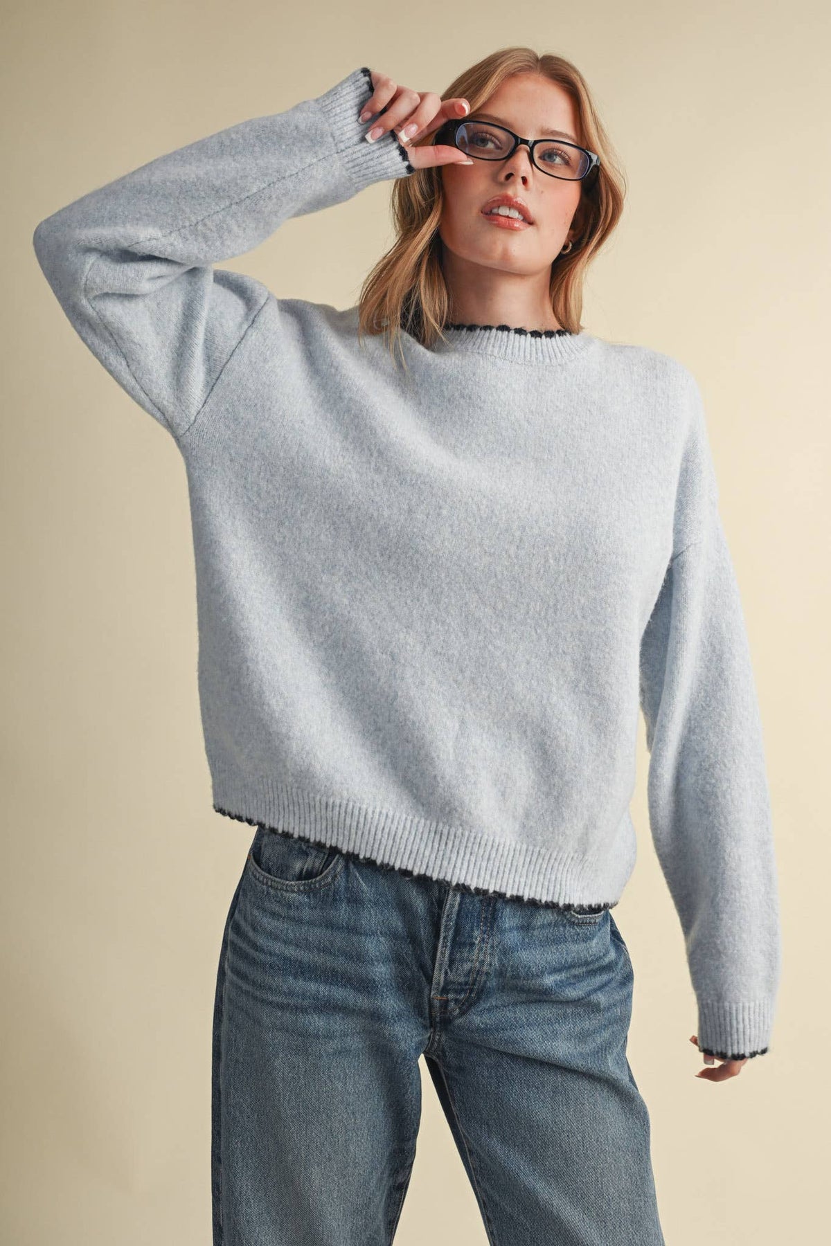 CONTRAST KNIT SCALLOPED EDGE SWEATER MSW11114
