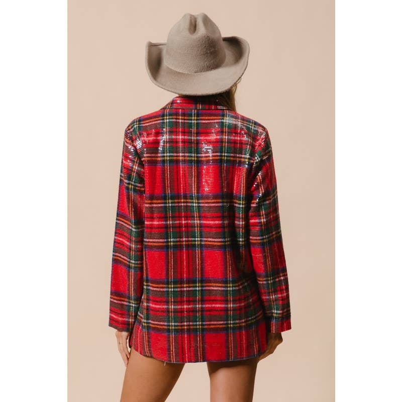 Christmas Brushed Plaid Sequin Patch Jacket