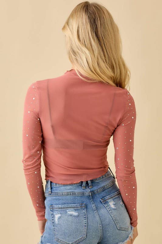 Rhinestone Trim Long Sleeve Mesh Top