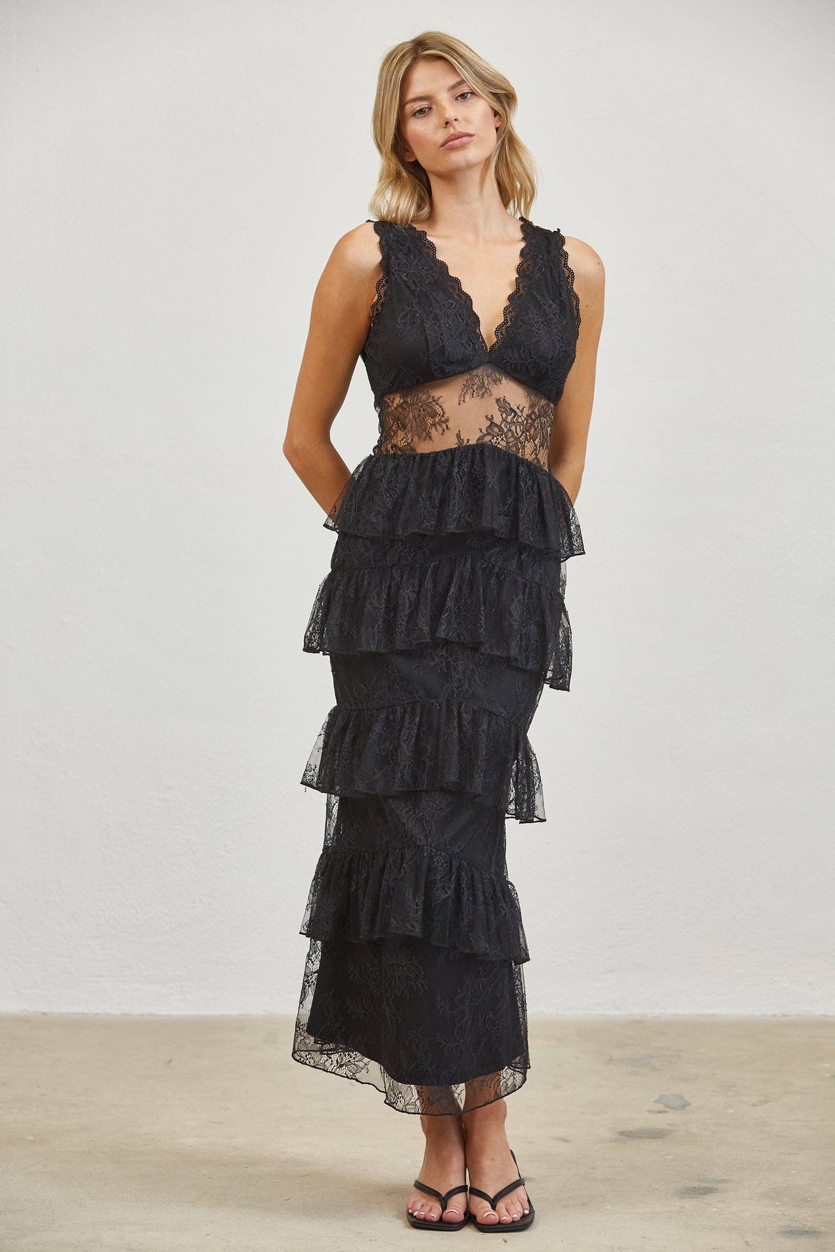 Sheer Lace Waist Tiered Ruffle Midi Dress