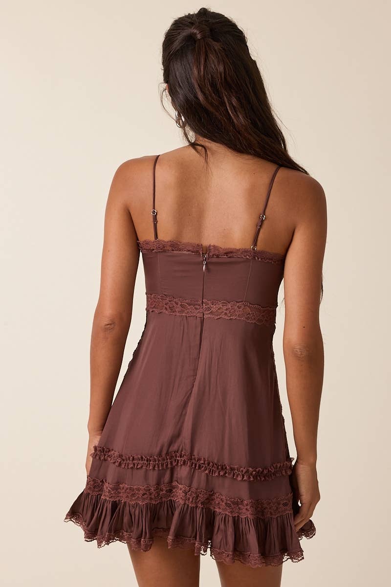 SOLID COLOR SWEETHEART LACE TRIM PREPPY MINI DRESS