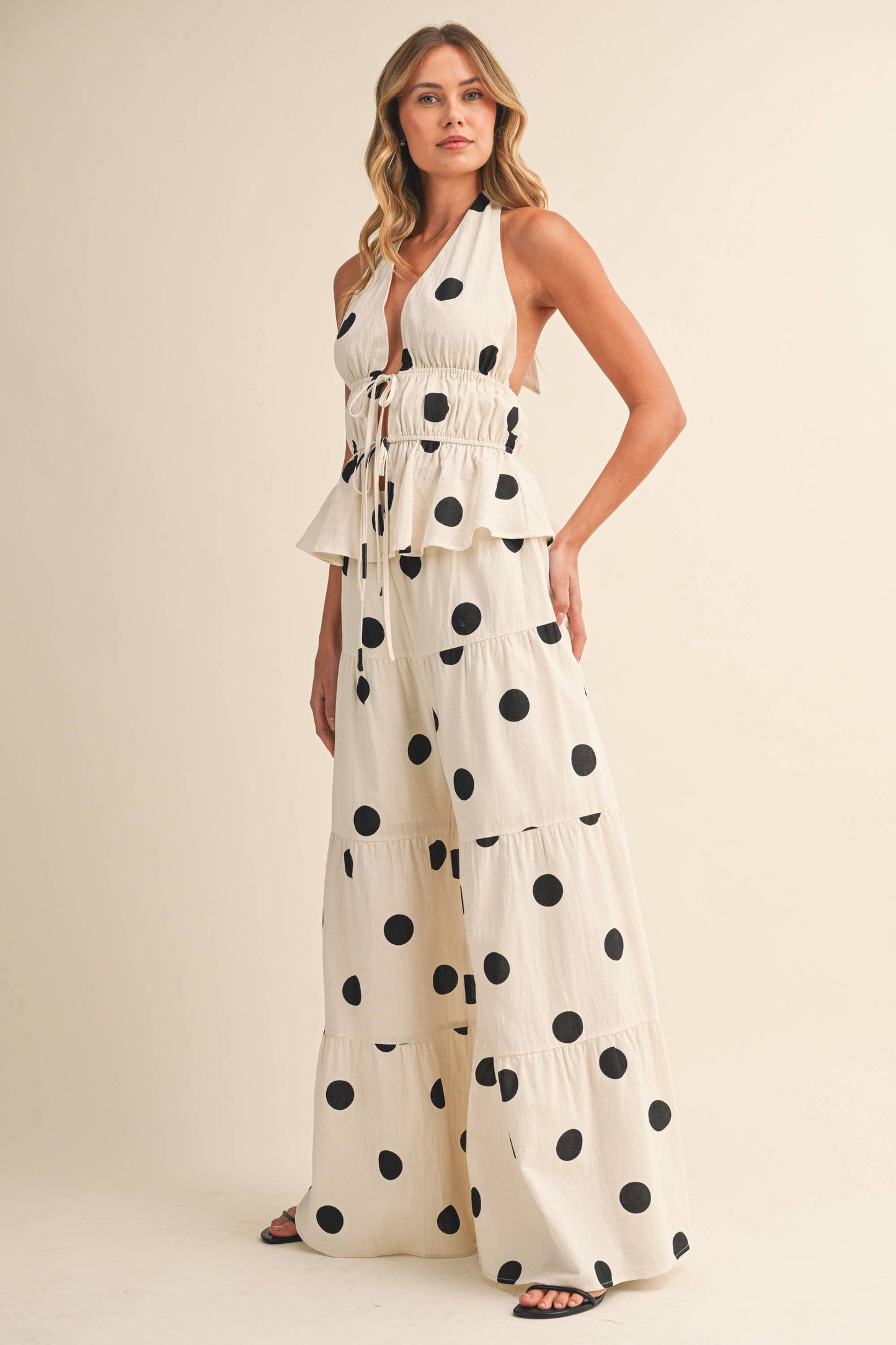 POLKADOT HALTER TIE-FRONT TOP & TIERED WIDE-LEG PANT