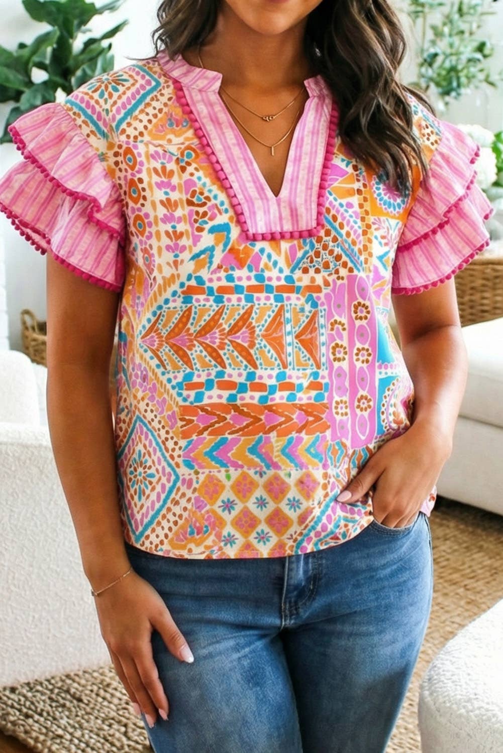 Boho Mixed Print Ruffled Short Sleeve Blouse S/S 26 | S-XL