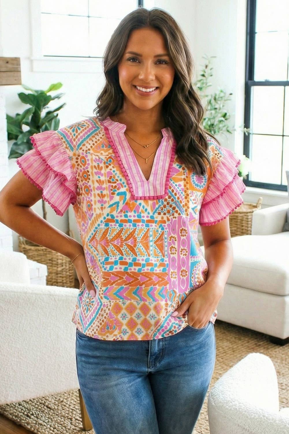 Boho Mixed Print Ruffled Short Sleeve Blouse S/S 26 | S-XL