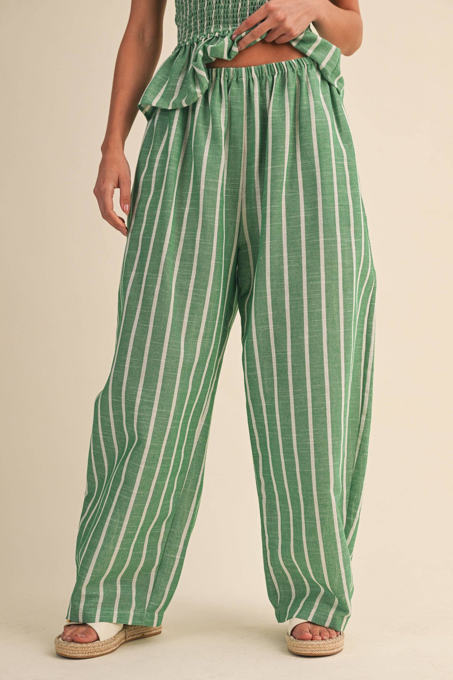 IST6606 STRIPED SMOCKED PEPLUM CAMI TOP AND BARREL PANTS SET