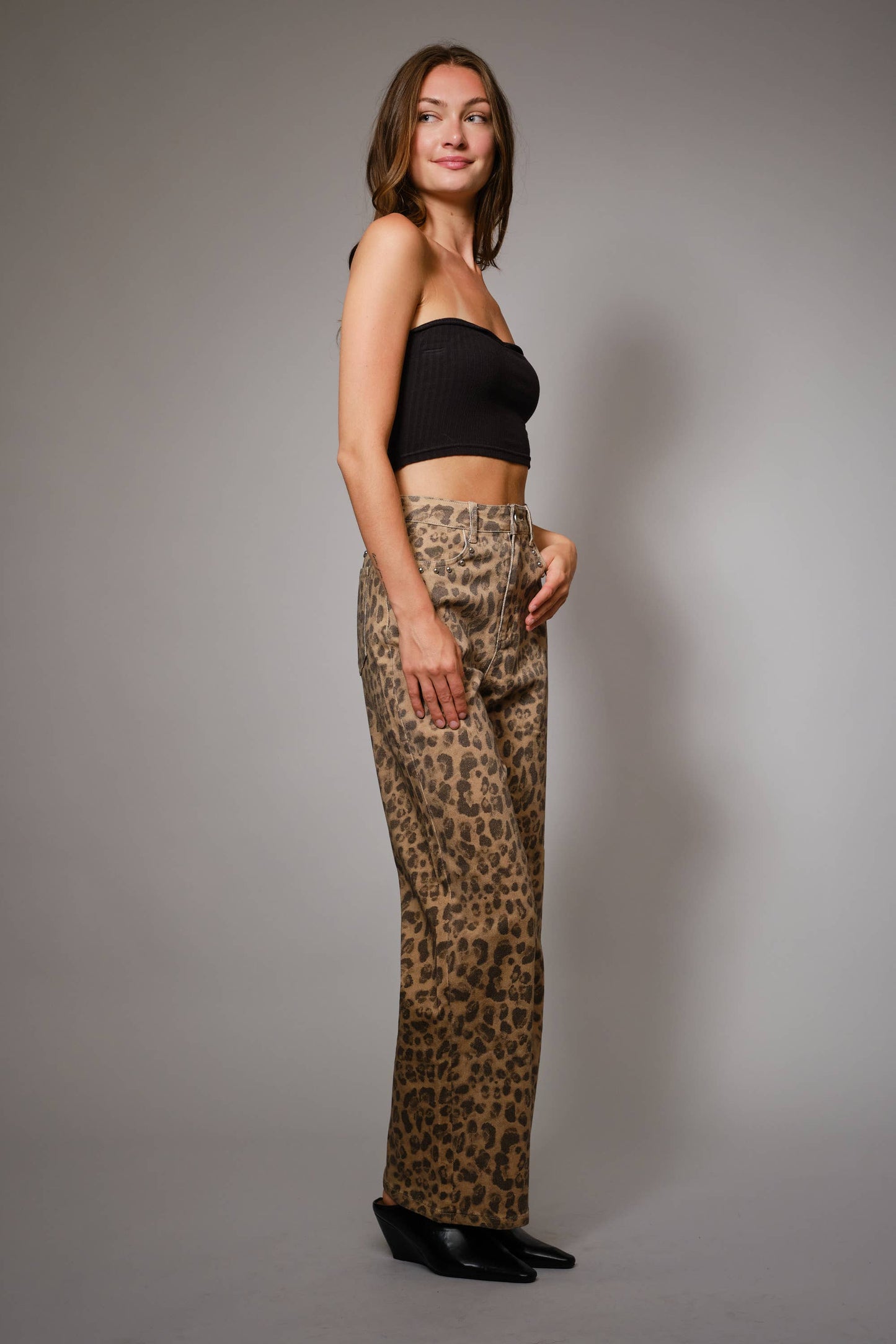 91605P - Washed Leopard Print Stud Pants