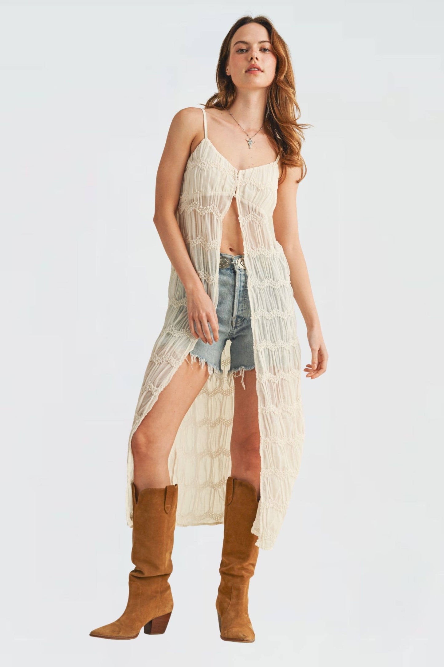 TEXTURED LACE OPEN FRONT DUSTER SUMMER TOP