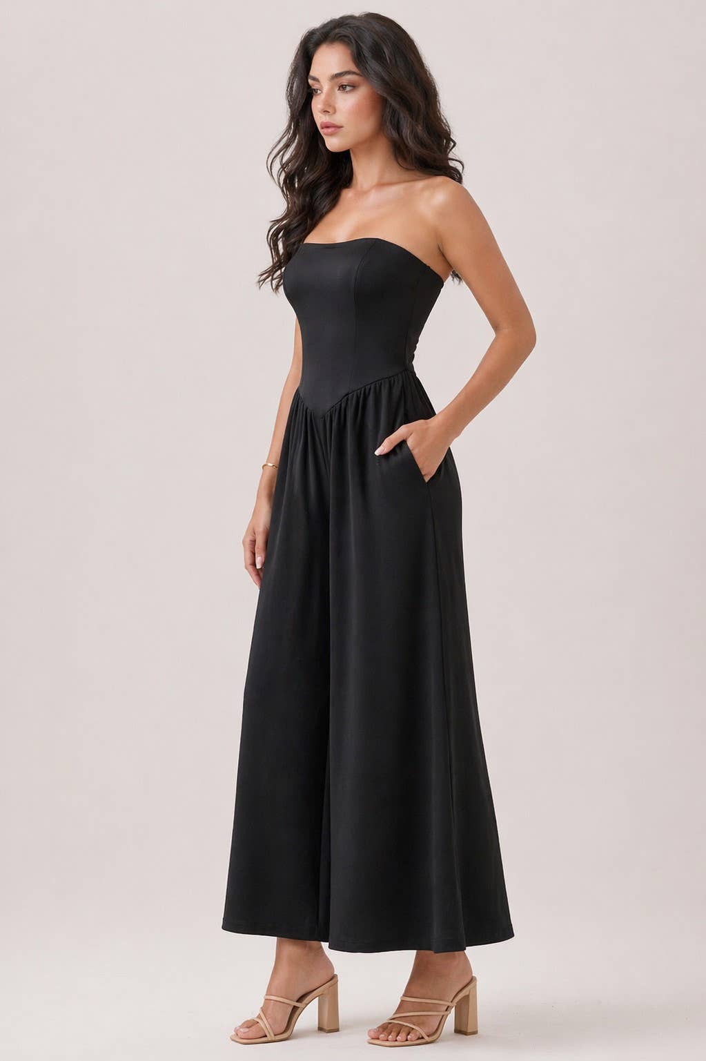 V SHAPE DROP WAIST TUBE JUMPSUIT (Olive & Black)