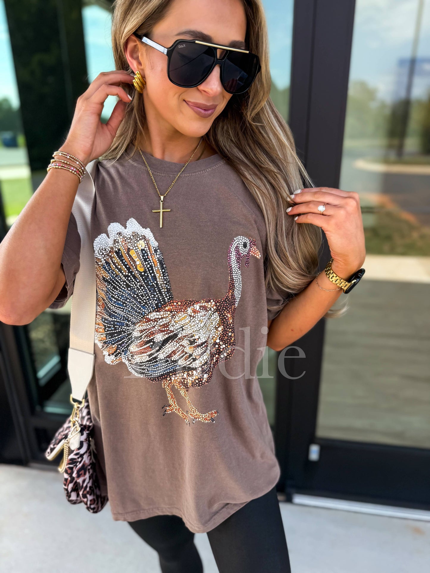 Faux Rhinestone Turkey Graphic Tee on Espresso