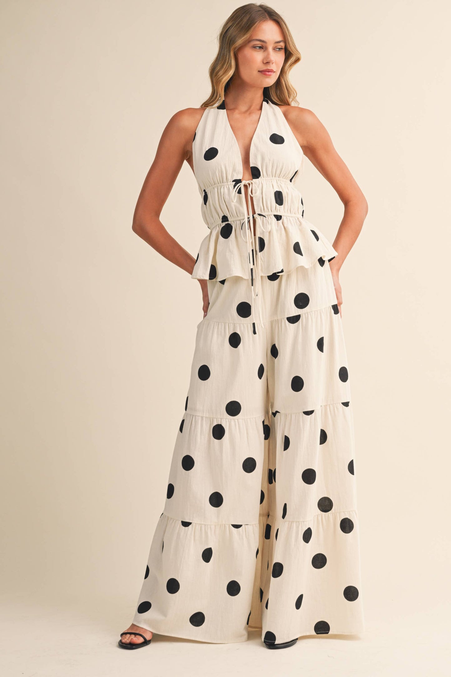 POLKADOT HALTER TIE-FRONT TOP & TIERED WIDE-LEG PANT
