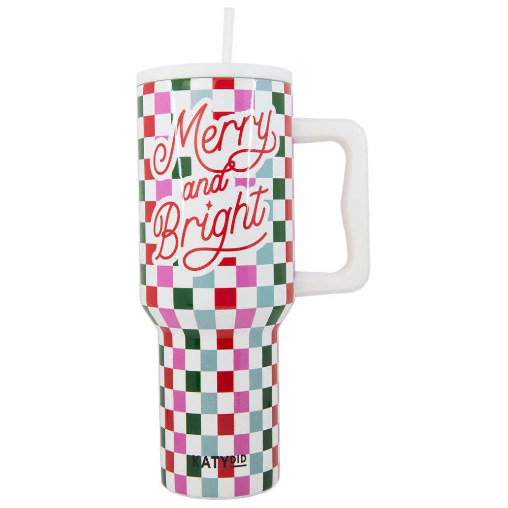 Merry & Bright Checkered Christmas Tumbler Cup w/ Handle
