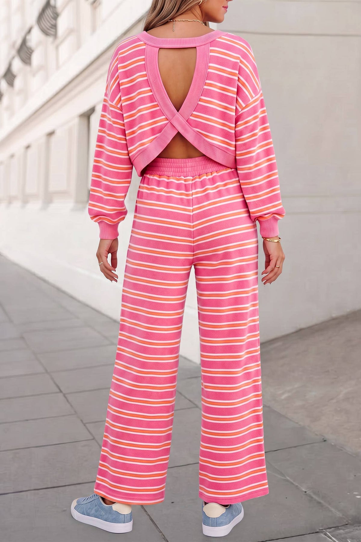 Striped Cutout Back Top &  Pants 2pcs Set FW26 | S-2XL
