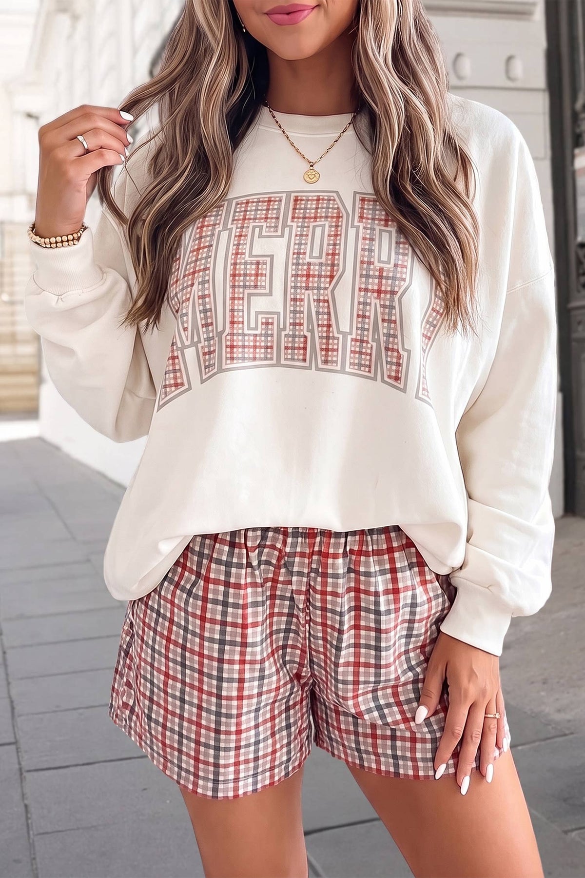 MERRY Christmas Plaid Crewneck Shorts Set | S-2XL
