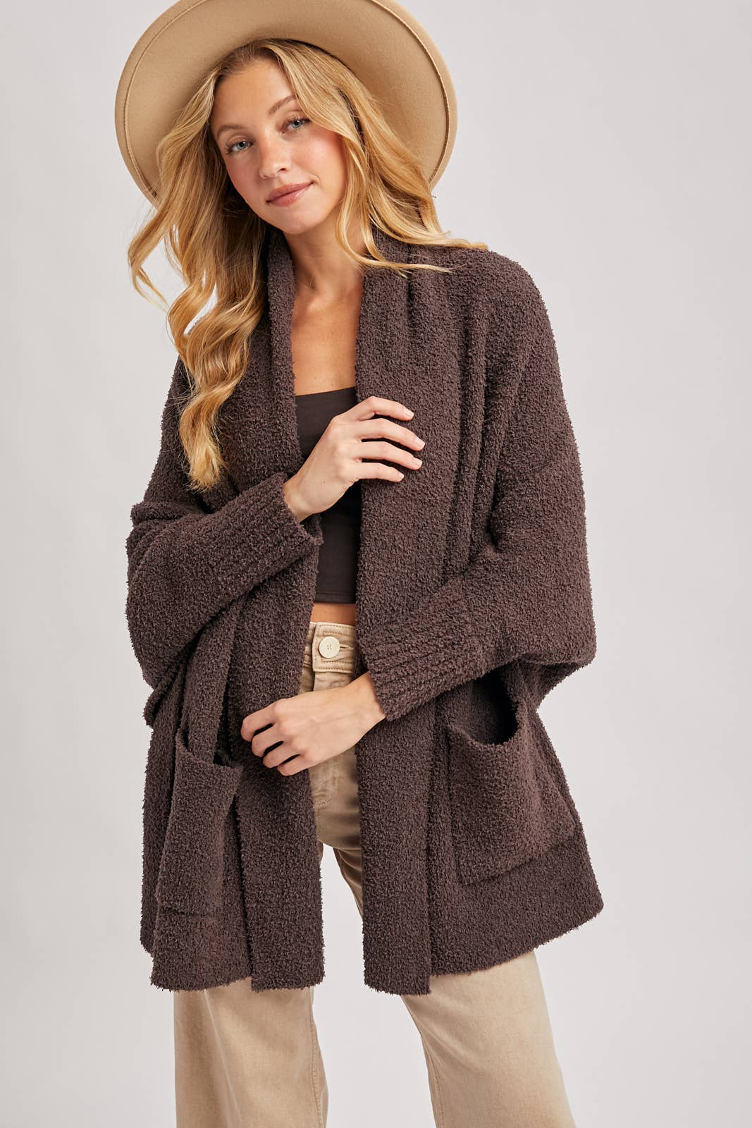 OPEN FRONT BLANKET WRAP BOUCLE KNIT SWEATER CARDIGAN