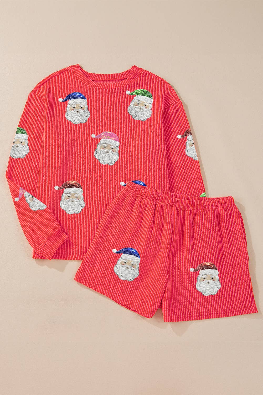 Santa Christmas Sequin Graphic Corded Pajamas Set | S-XL
