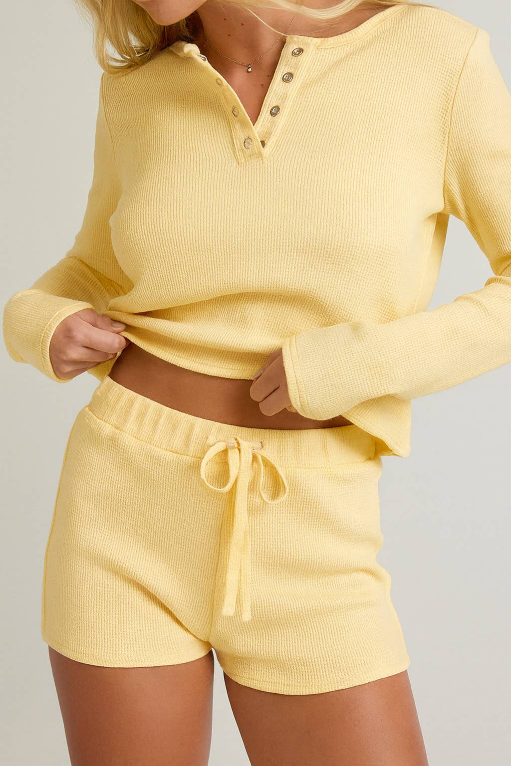 LONG SLEEVE WAFFLE KNIT TOP WITH LOW WAIST MICRO SHORTS