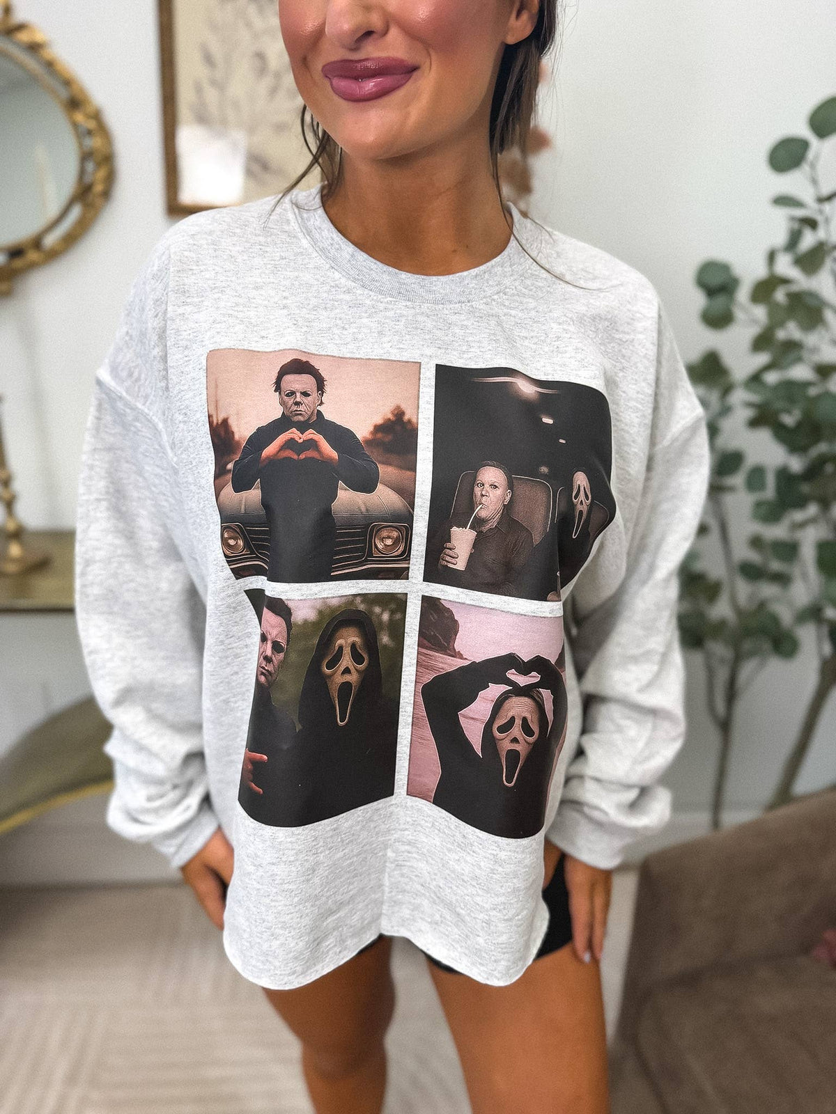 Michael & Scream Cropped Graphic Crewneck in Ash Gray