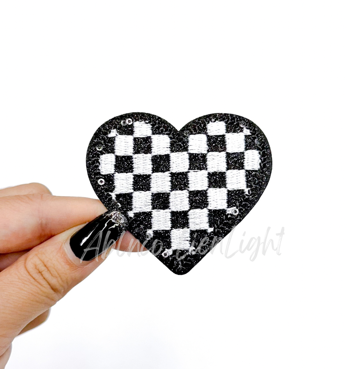 Black checkered heart embroidery glitter sequin patch