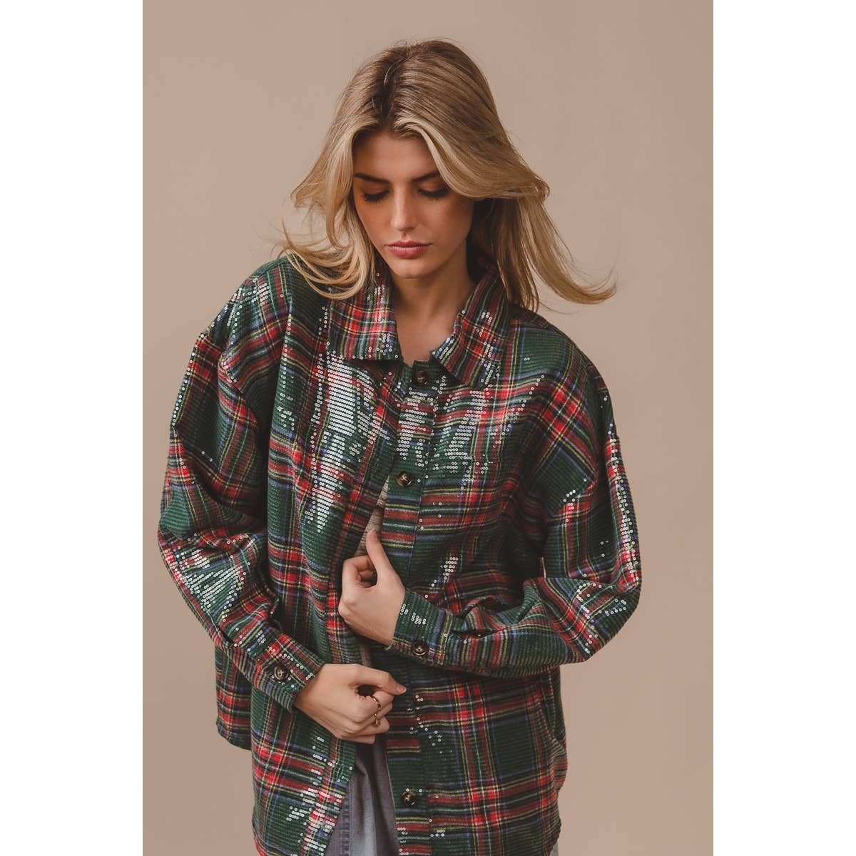 CLEAR SEQUIN PLAID CHRISTMAS SHIRT