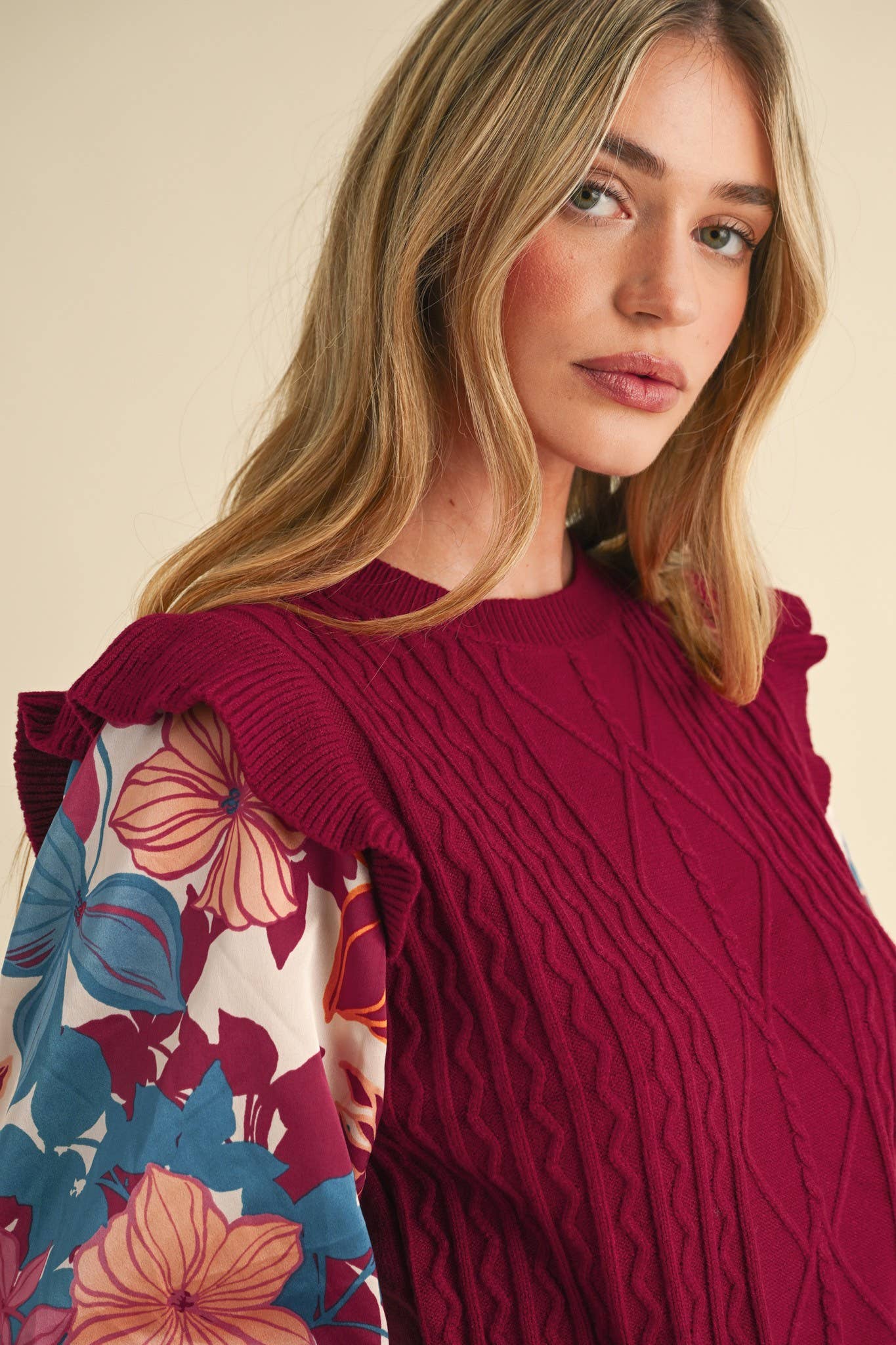 MIXED MEDIA SWEATER TOP WITH WOVEN SLEEVES MSW10749