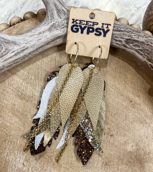 Gold & Gold Chain Feather Earrings