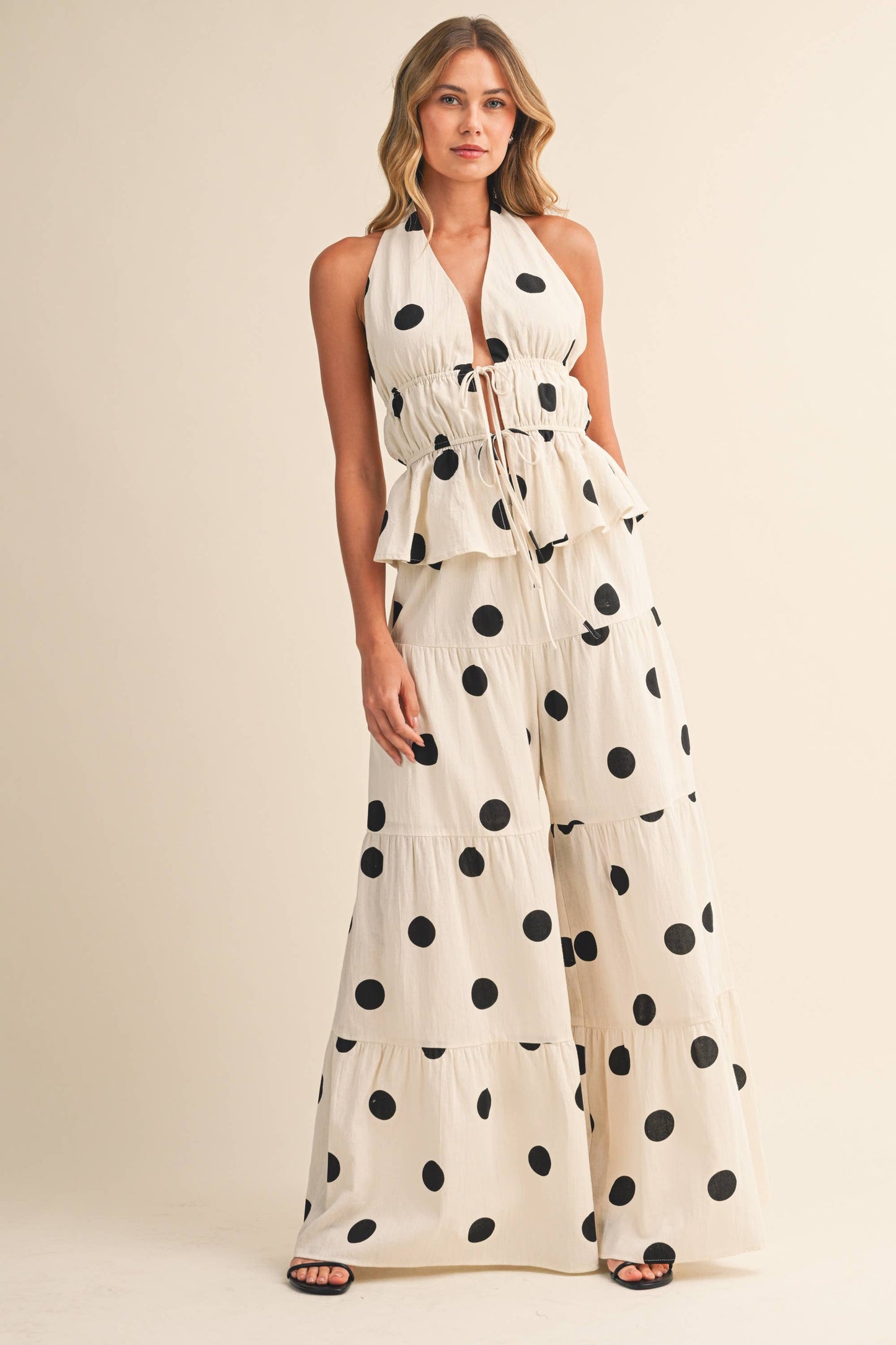 POLKADOT HALTER TIE-FRONT TOP & TIERED WIDE-LEG PANT