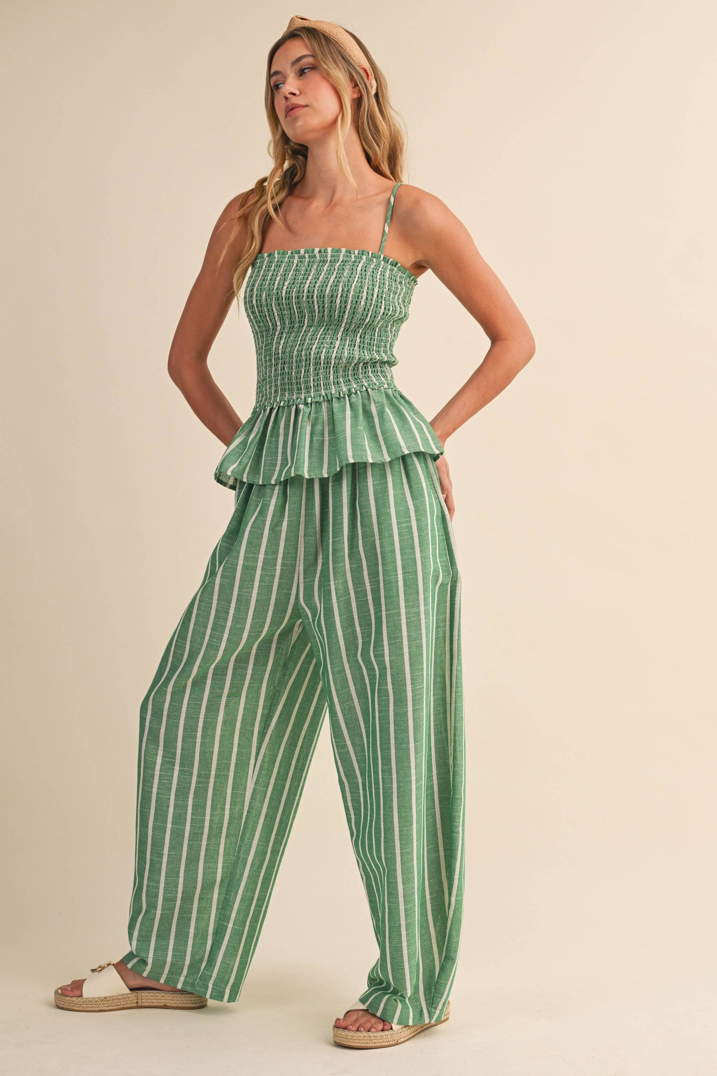 IST6606 STRIPED SMOCKED PEPLUM CAMI TOP AND BARREL PANTS SET