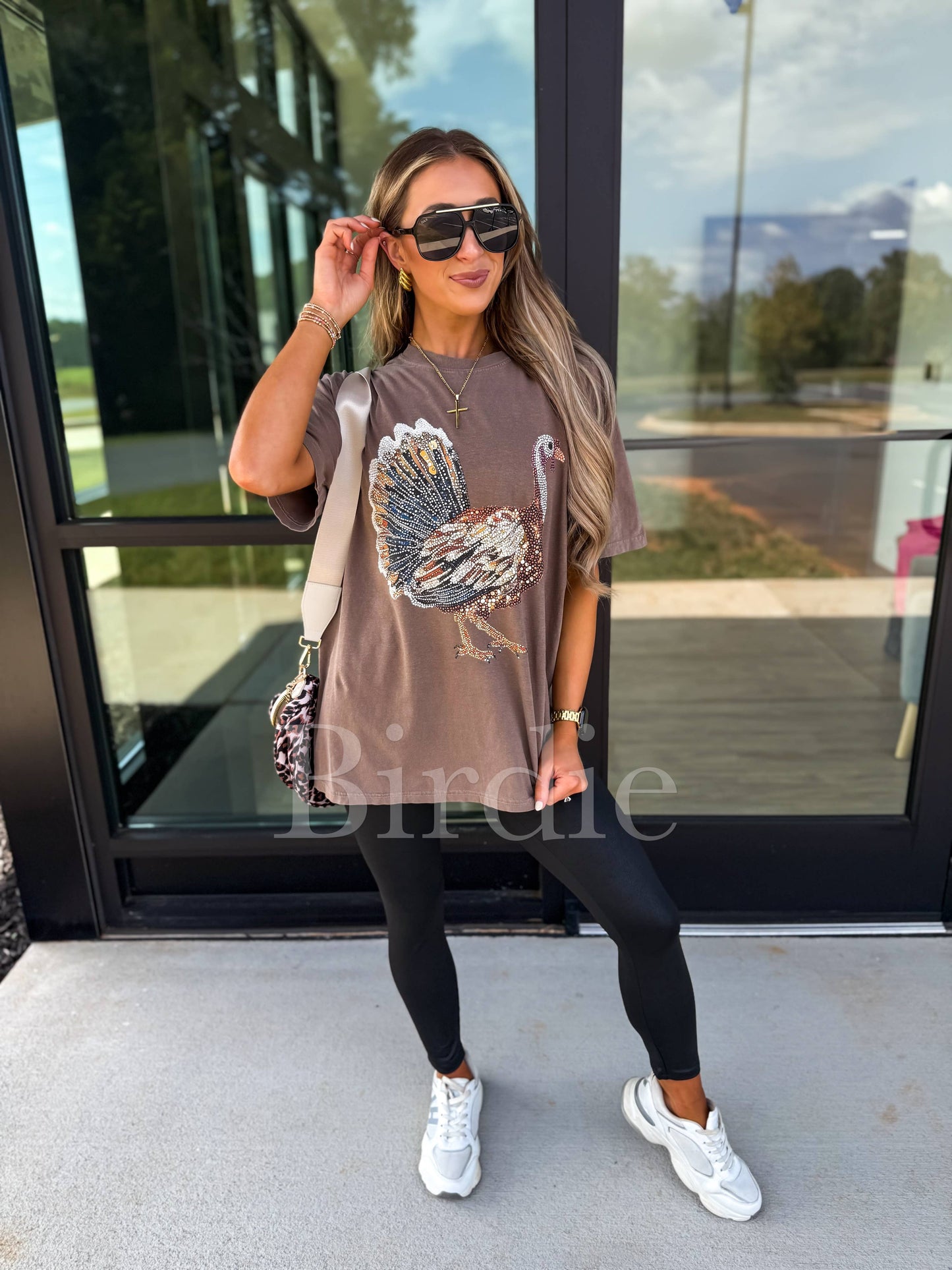 Faux Rhinestone Turkey Graphic Tee on Espresso