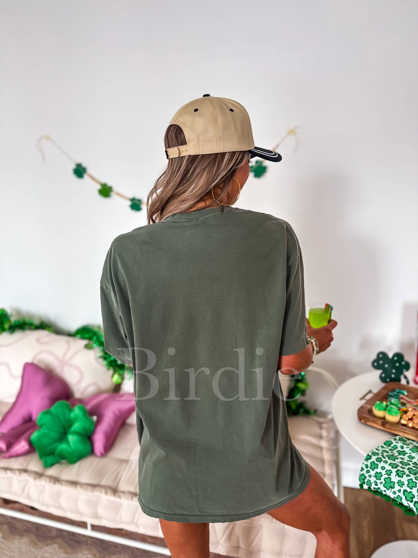 Happy Go Lucky Graphic Tee on Moss Green