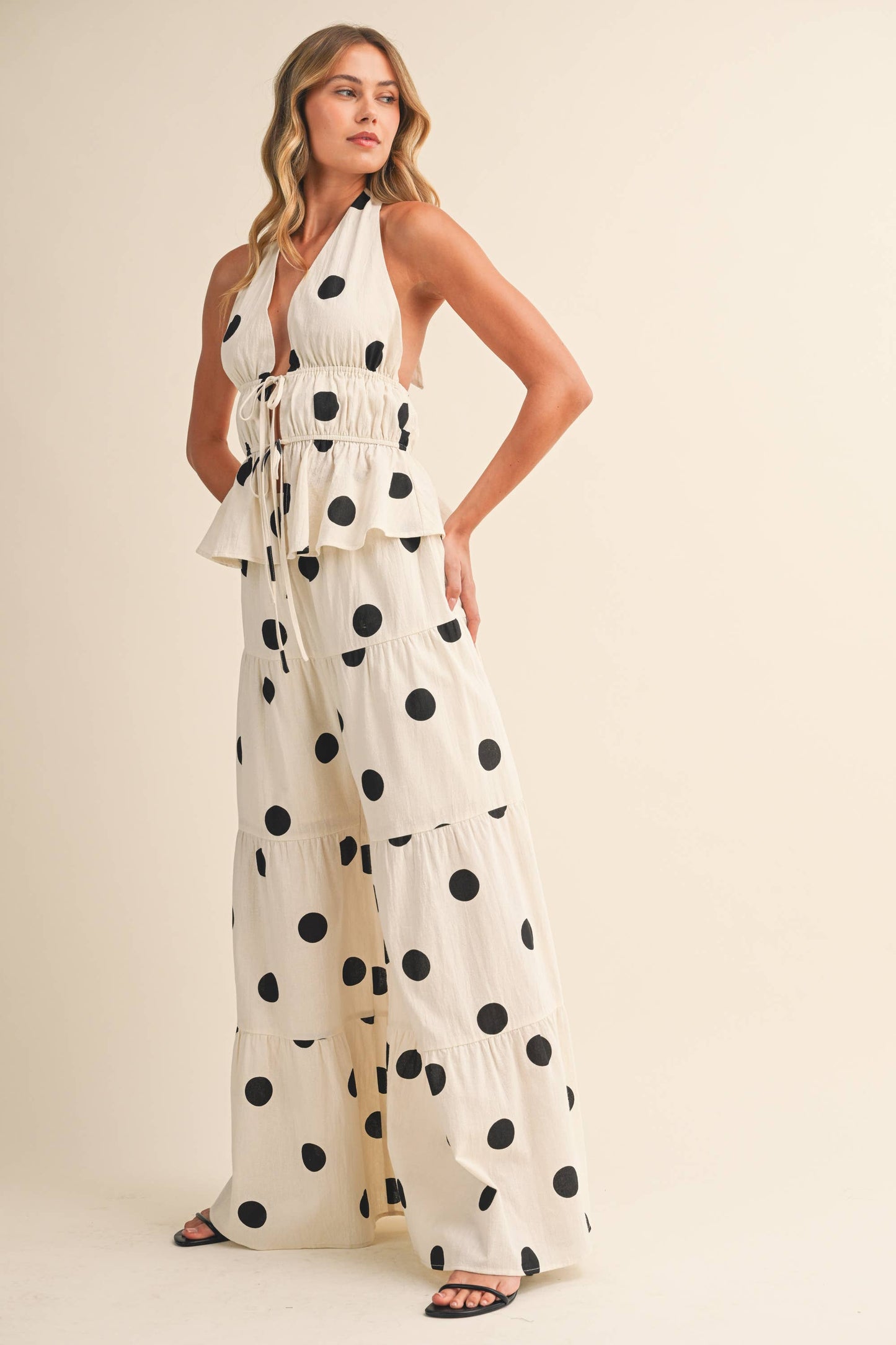 POLKADOT HALTER TIE-FRONT TOP & TIERED WIDE-LEG PANT