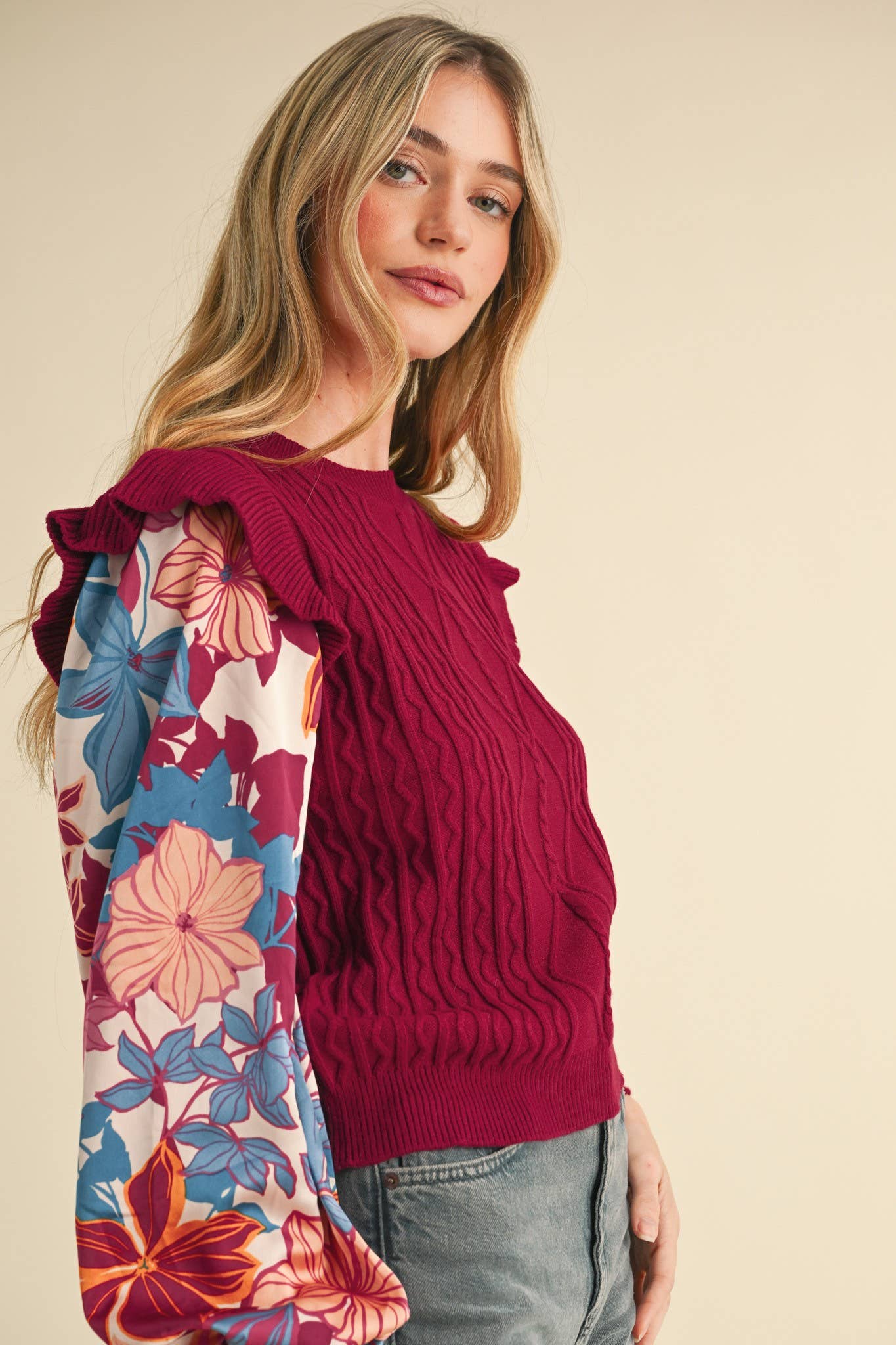 MIXED MEDIA SWEATER TOP WITH WOVEN SLEEVES MSW10749