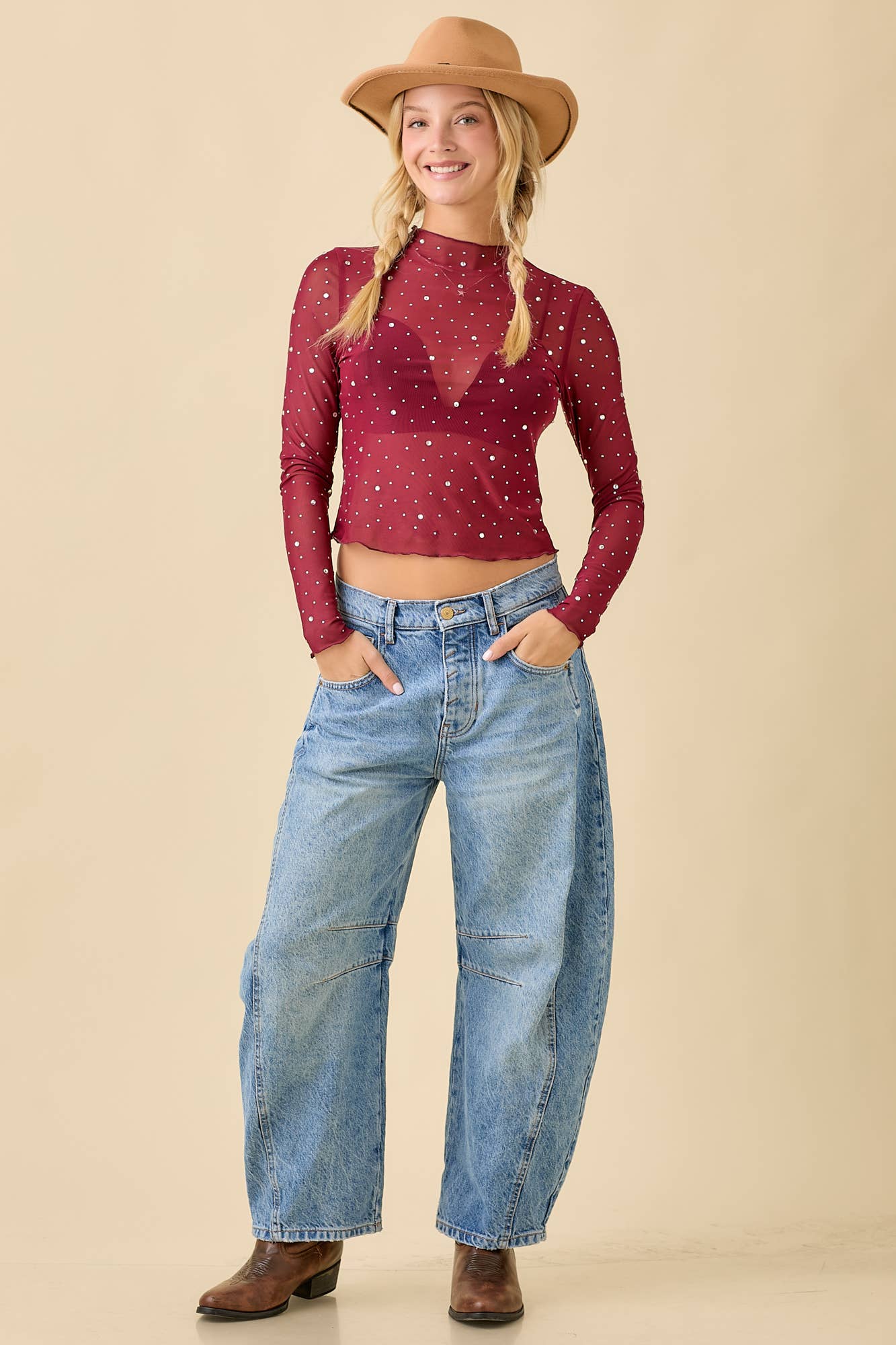 Rhinestone Trim Long Sleeve Mesh Top