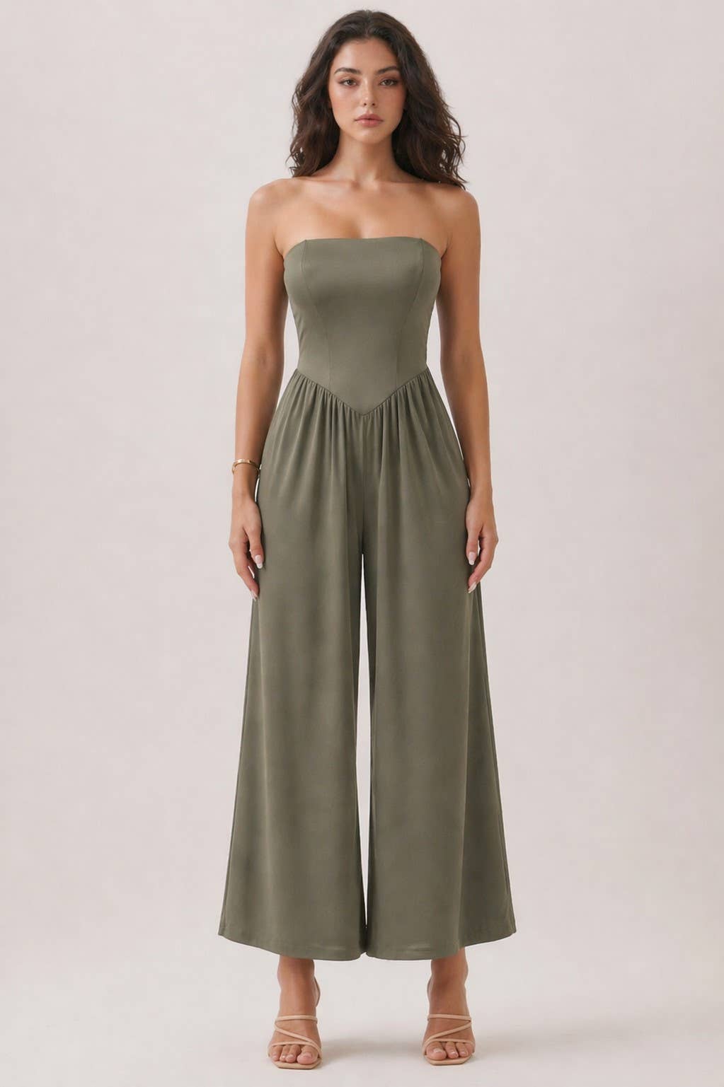 V SHAPE DROP WAIST TUBE JUMPSUIT (Olive & Black)