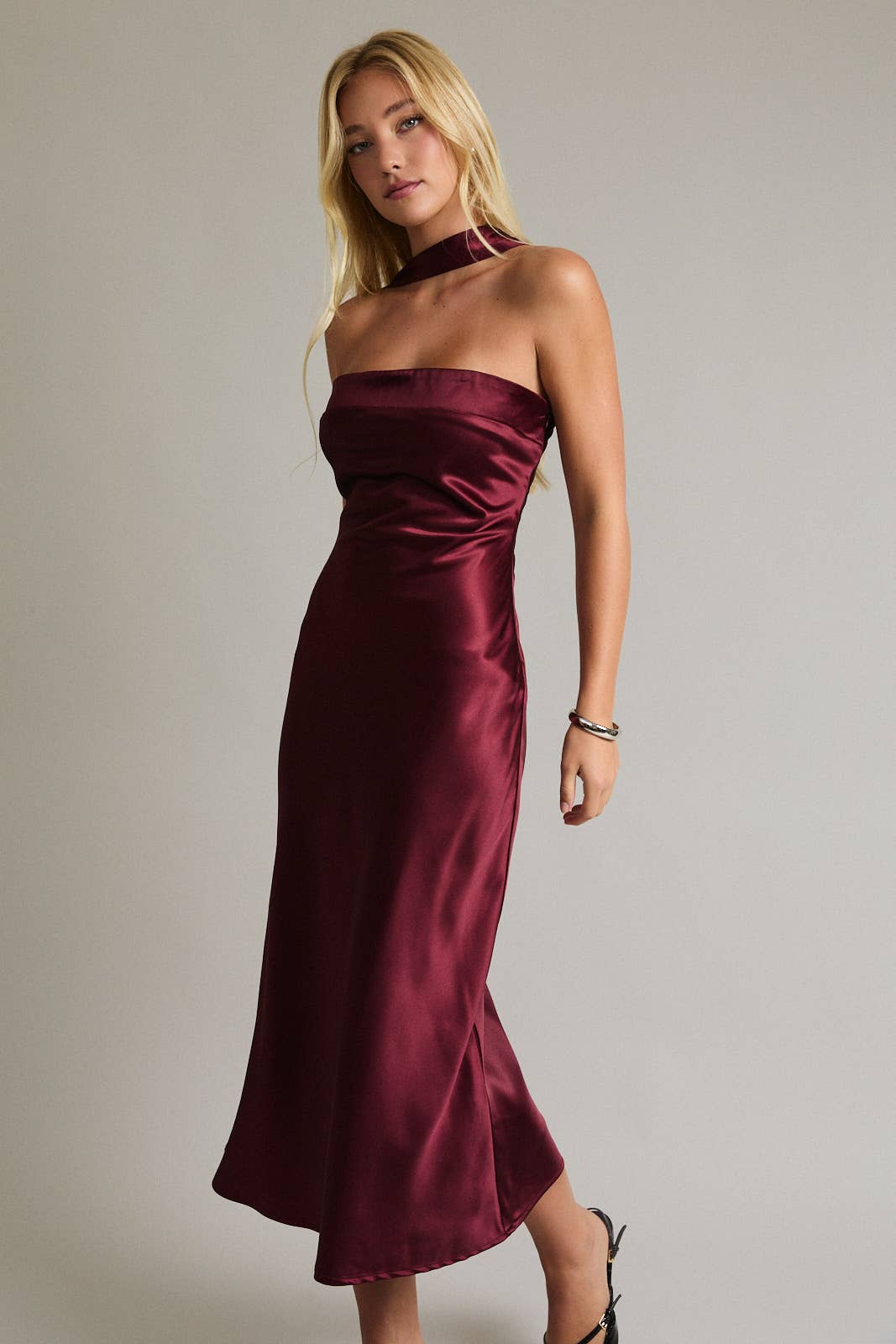 STRAPLESS SCARF DETAIL BIAS SATIN MIDI DRESS