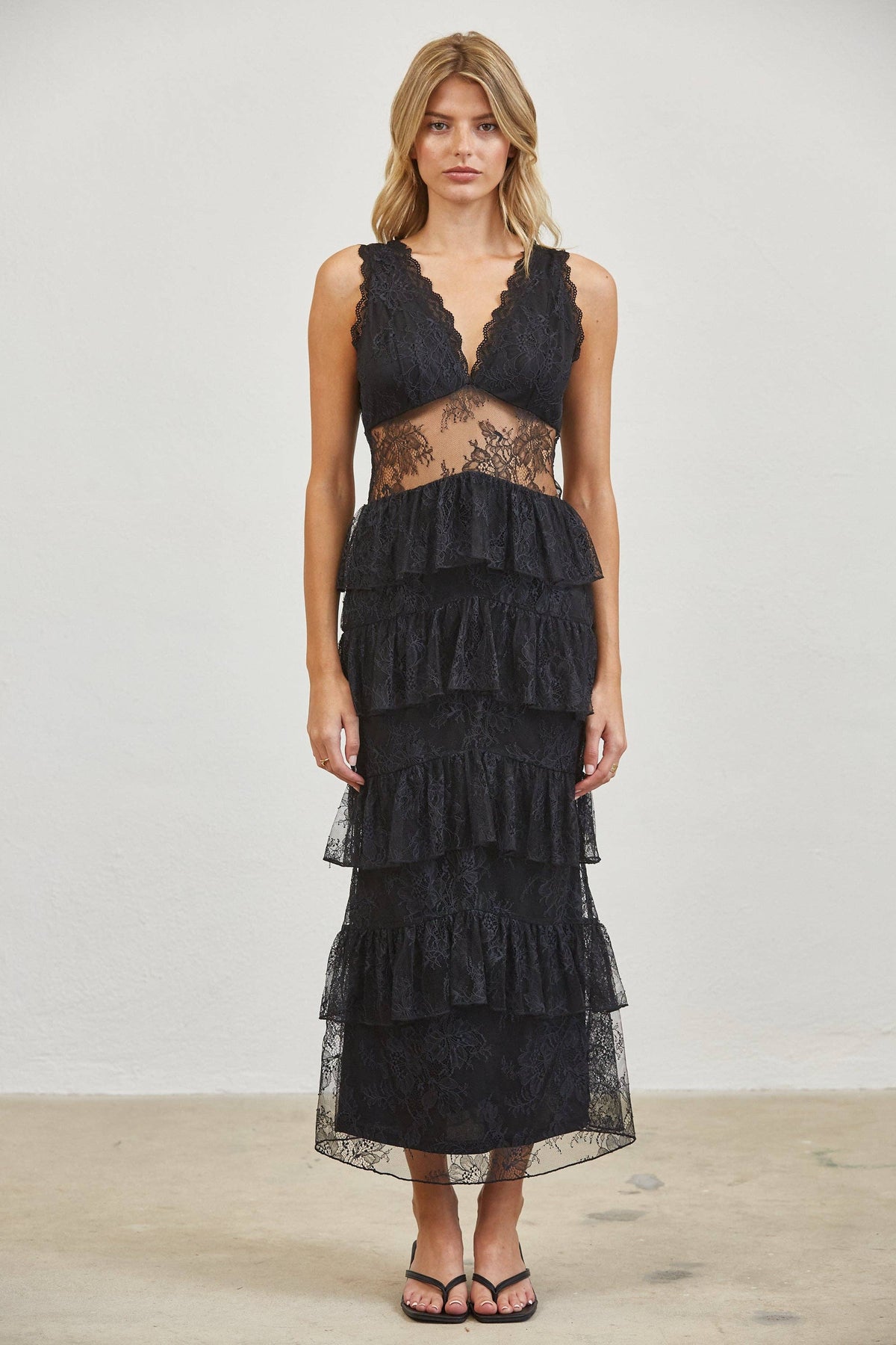 Sheer Lace Waist Tiered Ruffle Midi Dress