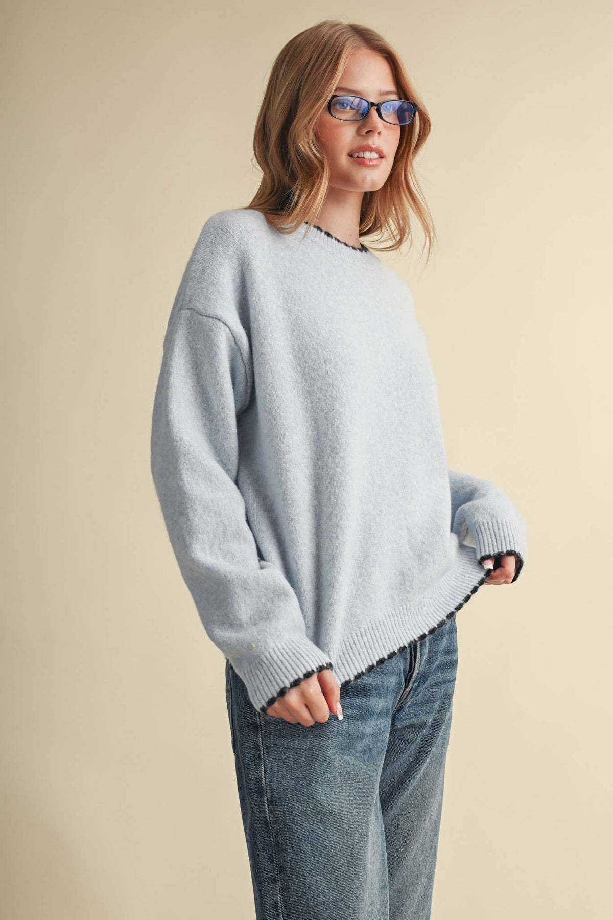 CONTRAST KNIT SCALLOPED EDGE SWEATER MSW11114