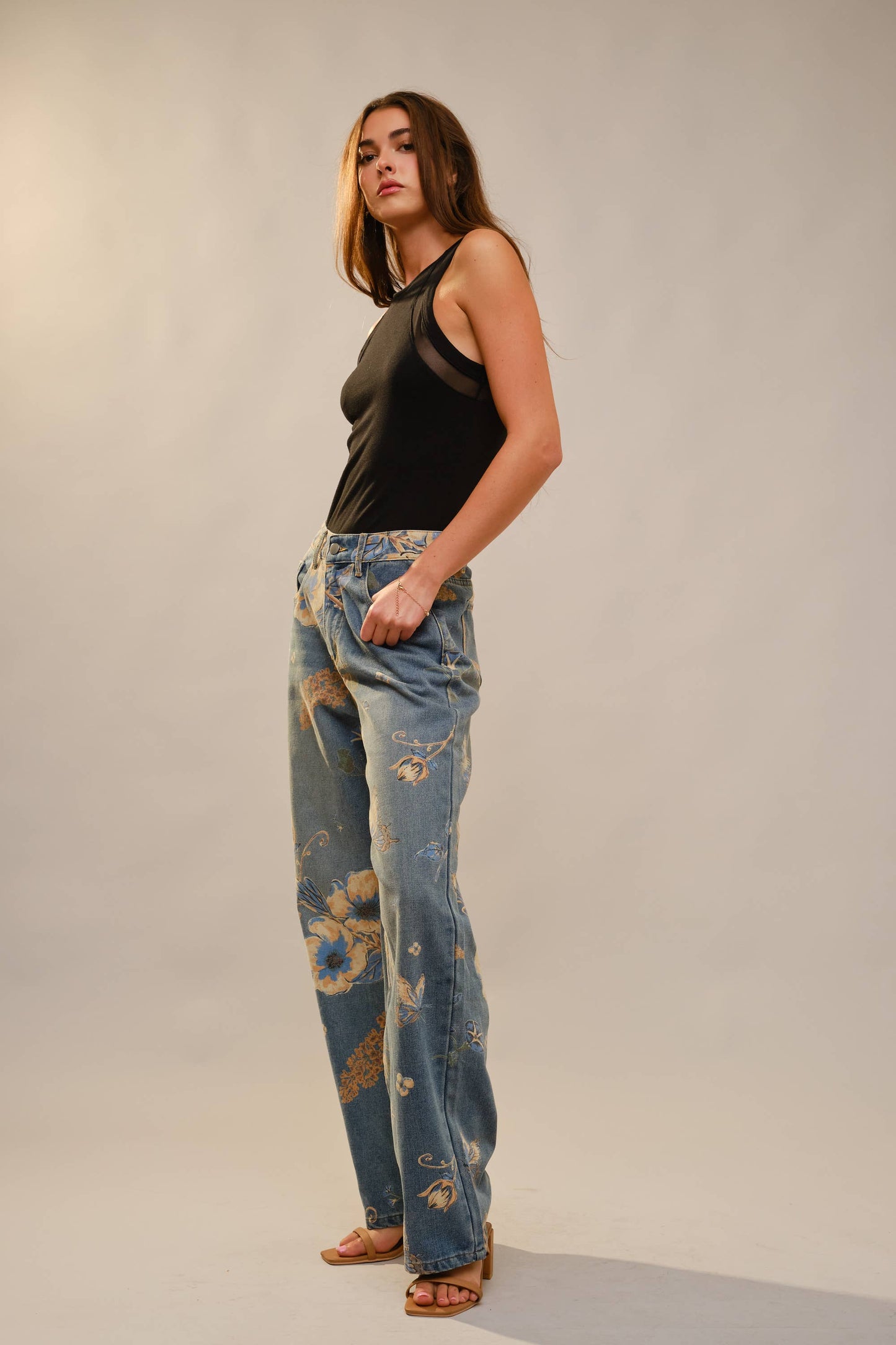 91690P Floral Print Wide Leg Jeans